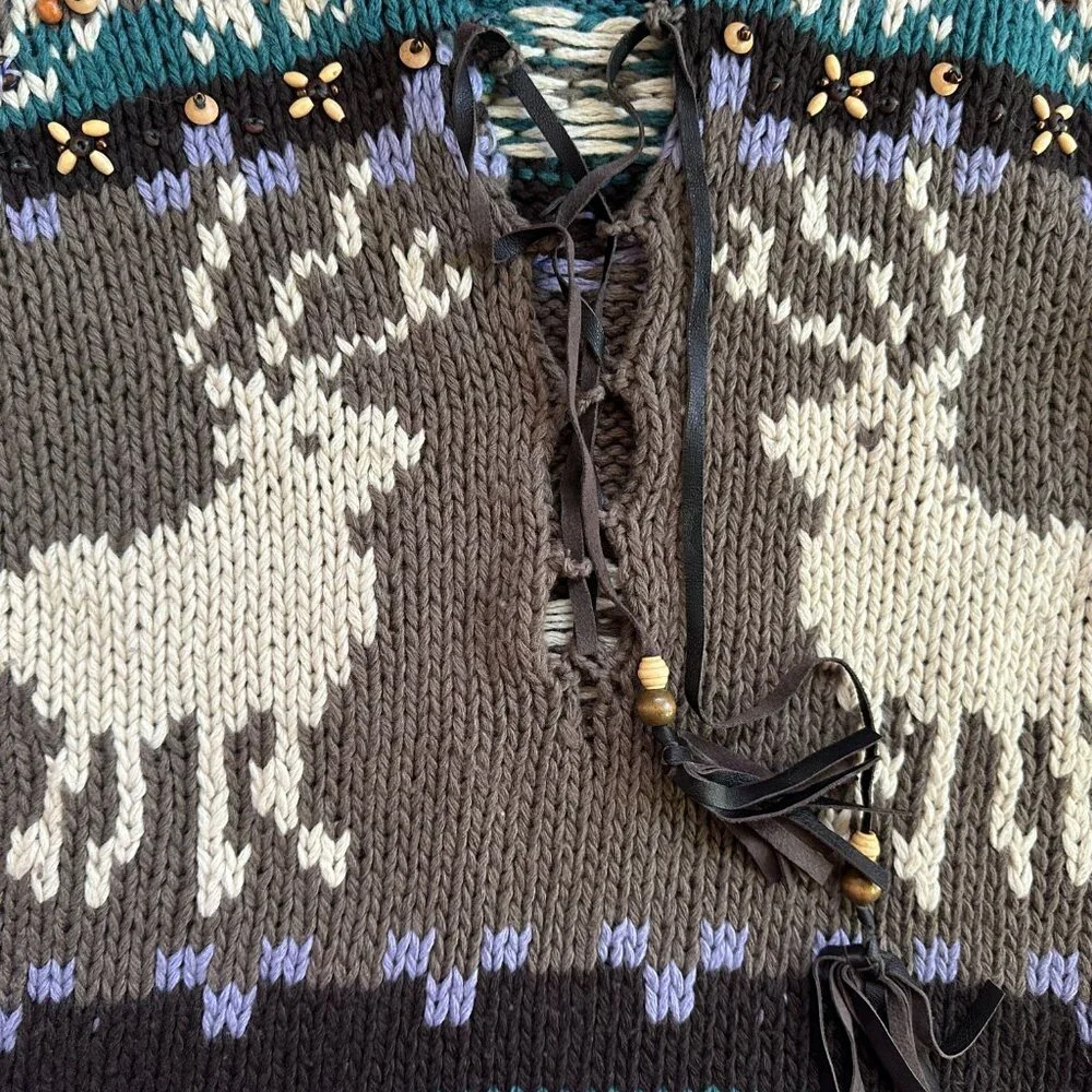 LaROK Woodsman Beaded Lace Up Reindeer Wool Sweater aso Jessica Simpson S - Picture 12 of 16
